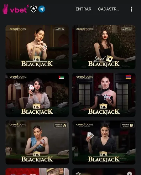 Seção de jogos de Blackjack ao vivo na VBET com crupiês reais da provedora CreedRoomz.