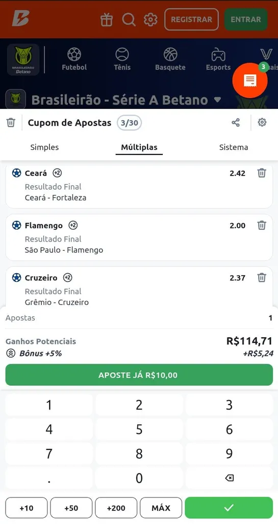 Cupom de apostas de R$10 com múltiplas de 3 seleções e ganho potencial de R$114,71 mais bônus de R$5,24
