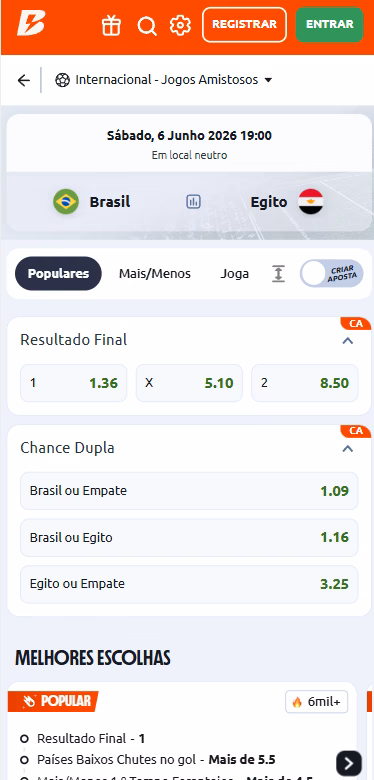 Mercado chance dupla Brasil x Egito na Betano