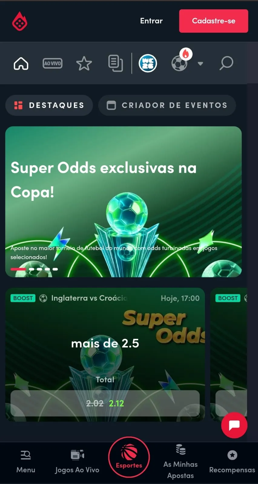 Oferta de Super Odds exclusivas na Copa da Blaze, com exemplo prático no mercado Mais de 2,5 gols em Inglaterra x Croácia.