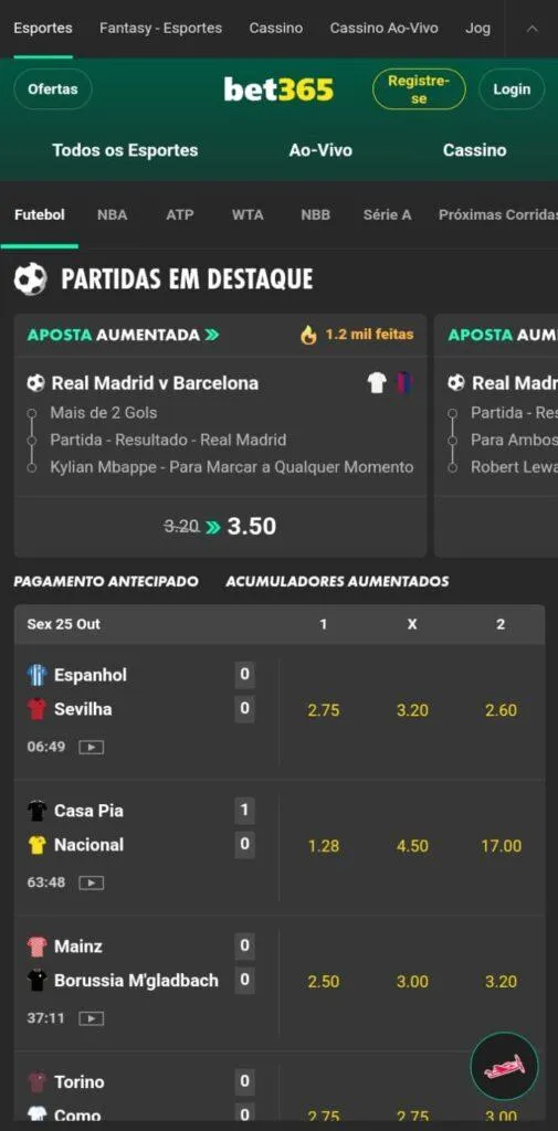 Tela de Esportes na Bet365