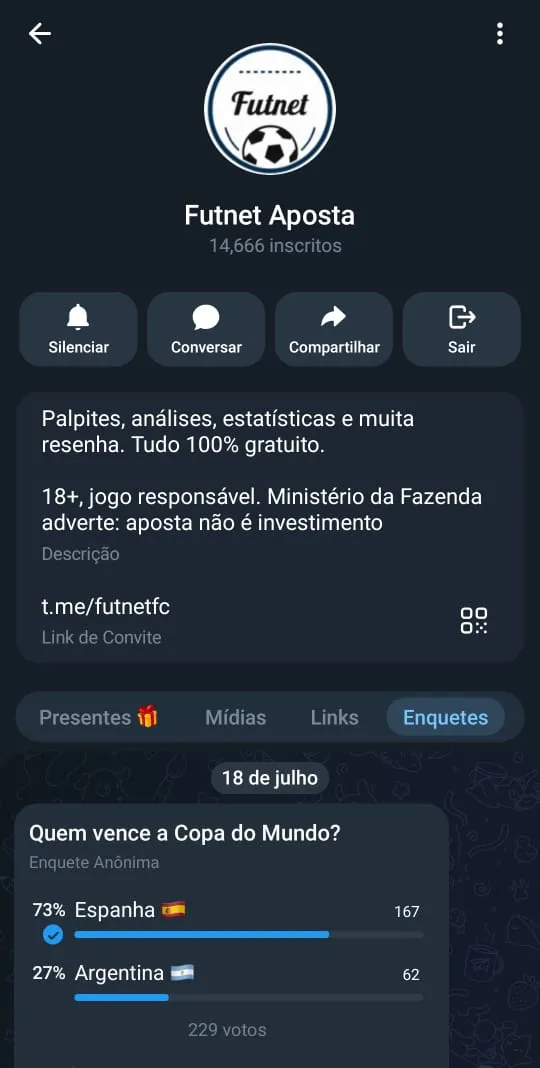 Print do grupo de apostas Futnet no Telegram.