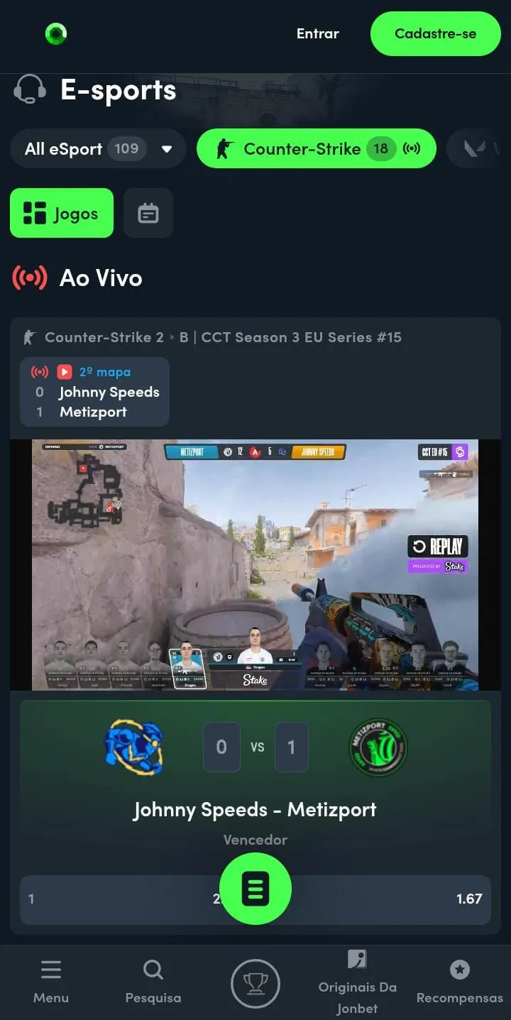 Transmissão ao vivo do evento de eSports Johnny Speeds vs Metizport na Jonbet