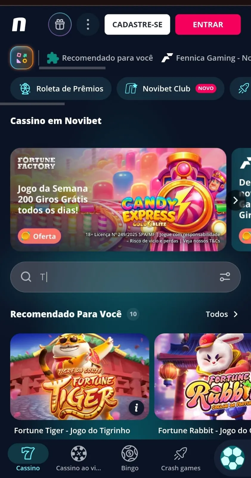 Print da página inicial do Cassino Novibet, destacando o banner da oferta “Jogo da Semana 200 Giros Grátis todos os dias”.