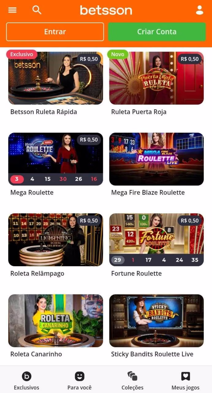 Exibição de 8 jogos de roleta da Betsson, incluindo  Betsson Ruleta Rápida e Ruleta Puerto Roja
