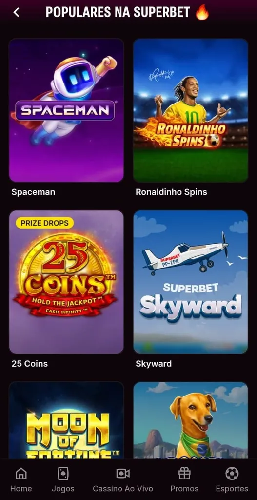 Jogos populares na Superbet com Spaceman, Ronaldinho Spins e mais.