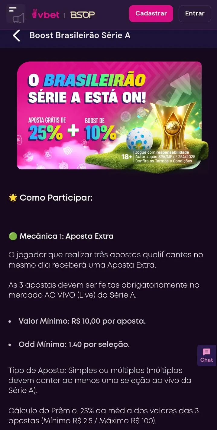 Boost Brasileirão Série A da Vbet, com aposta grátis de 25% + boost de 10% e texto de como participar
