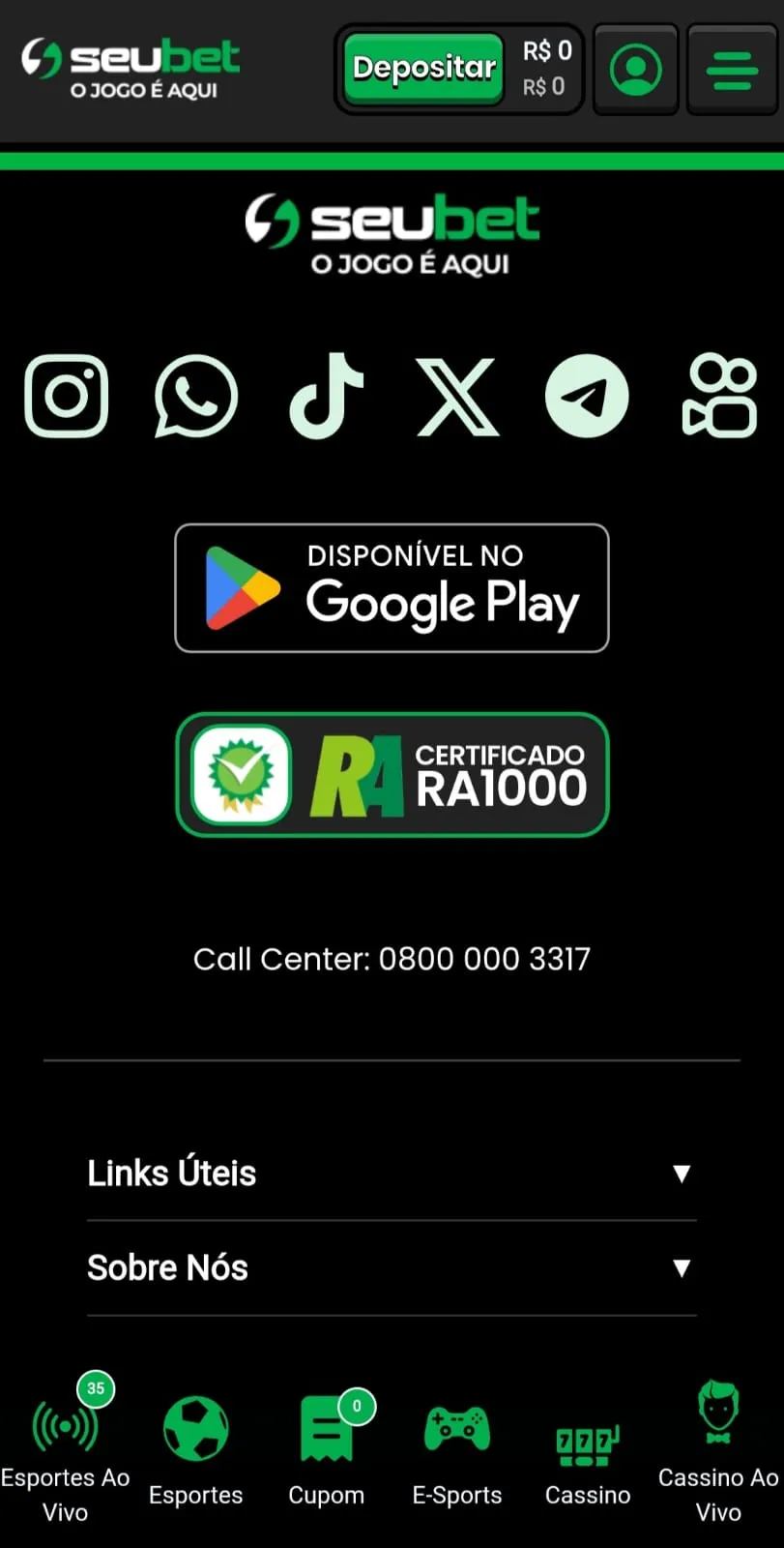 Ícone do Google Play Store para avessar a instalação do app SeuBet e certificado do Reclame Aqui.