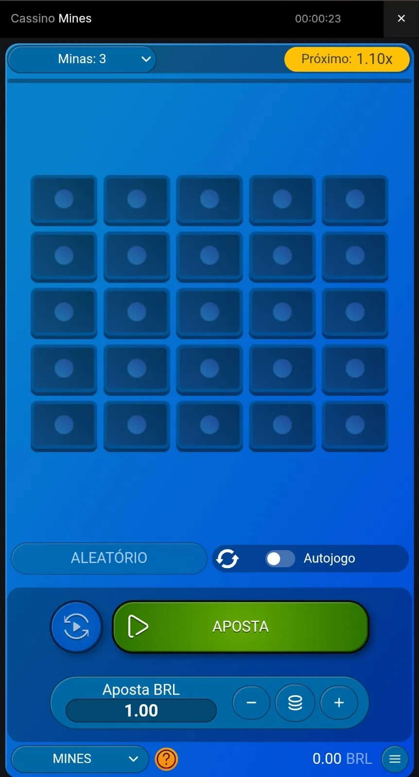 Tela inicial do crash game Mines com 3 minas escondidas e um multiplicador inicial de 1.10x;