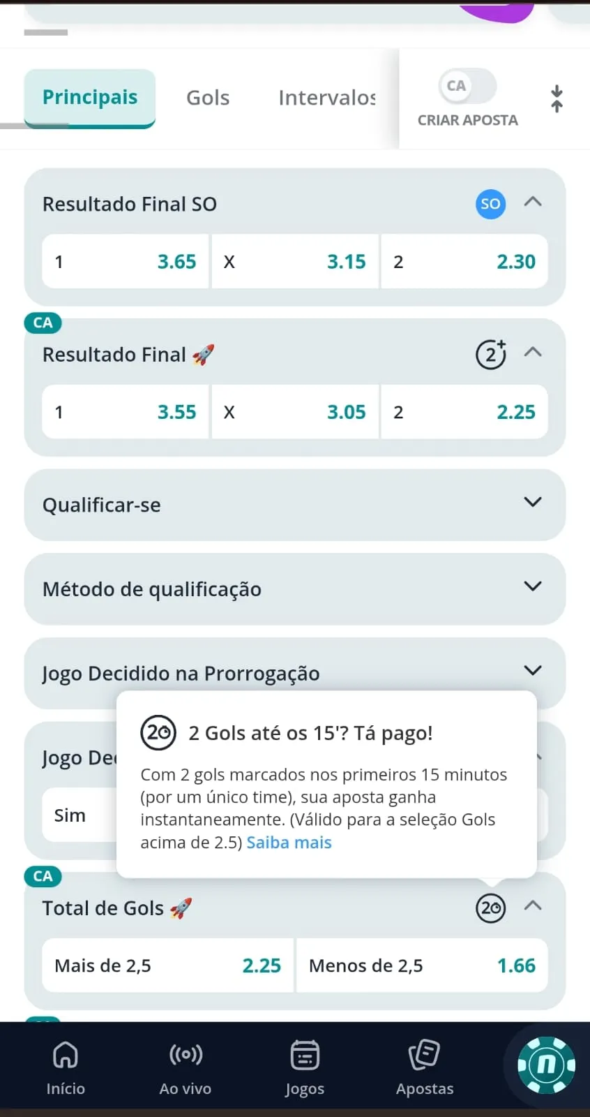  Print de uma partida da Novibet com as ofertas de pagamento antecipado e "2 gols até os 15? Tá pago"
Data: 07/07/2026