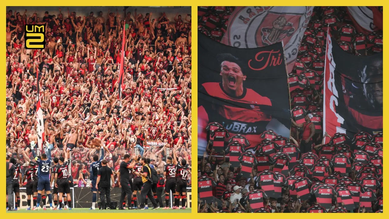 Montagem mostra torcedores de Athletico e Flamengo nas arquibancadas antes de duelo pelo Campeonato Brasileiro.