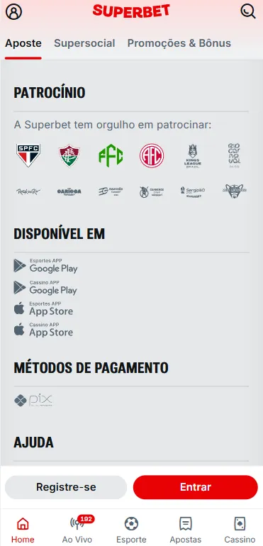 Rodapé da Superbet com patrocínios esportivos no São Paulo, Fluminense e Rock in Rio