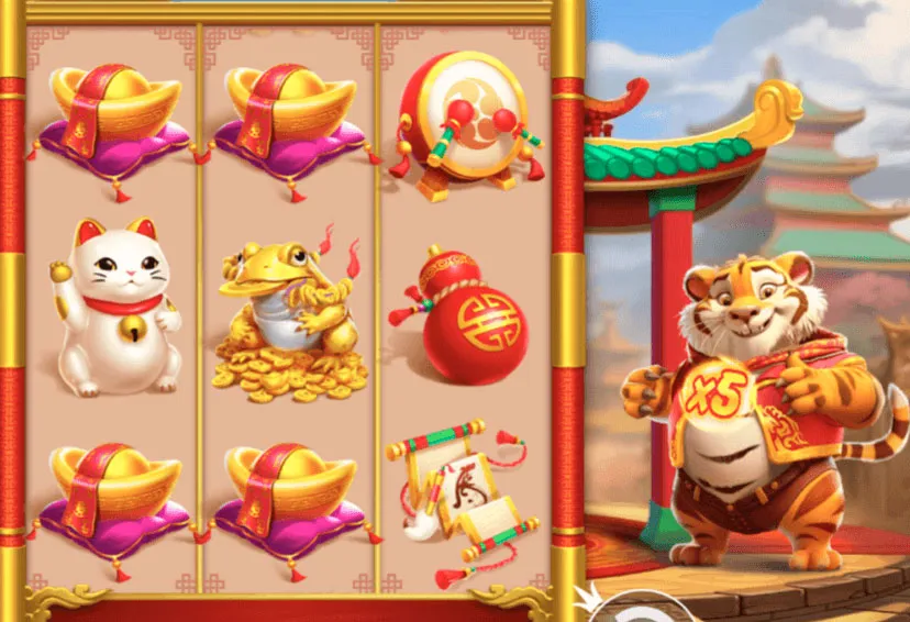 Diferentes figuras da grade 3x3 do Tigre Sortudo, com o Tigre ao lado da grade com um multiplicador de 5x