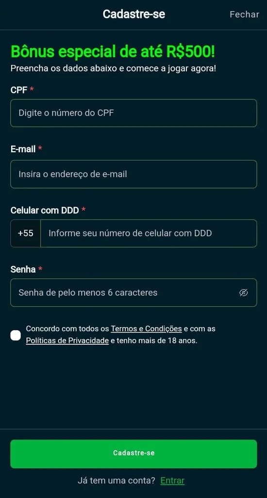 Formulário de cadastro da SeuBet com campos para CPF, email, celular e mais.