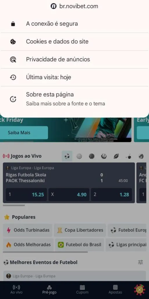 Novibet com tela de informações sobre a segurança do site de apostas aberta