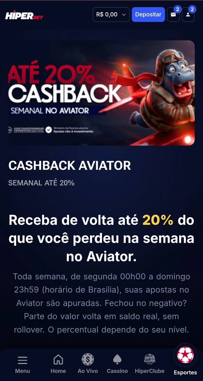 Oferta de cashback semanal da HiperBet para o Aviator.