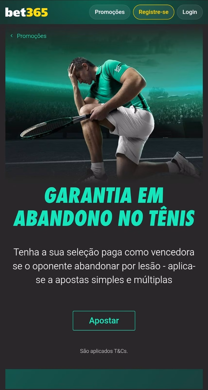 Oferta Garantia de Abandono no Tênis da Bet365 que paga a seleção se o adversário desistir.
