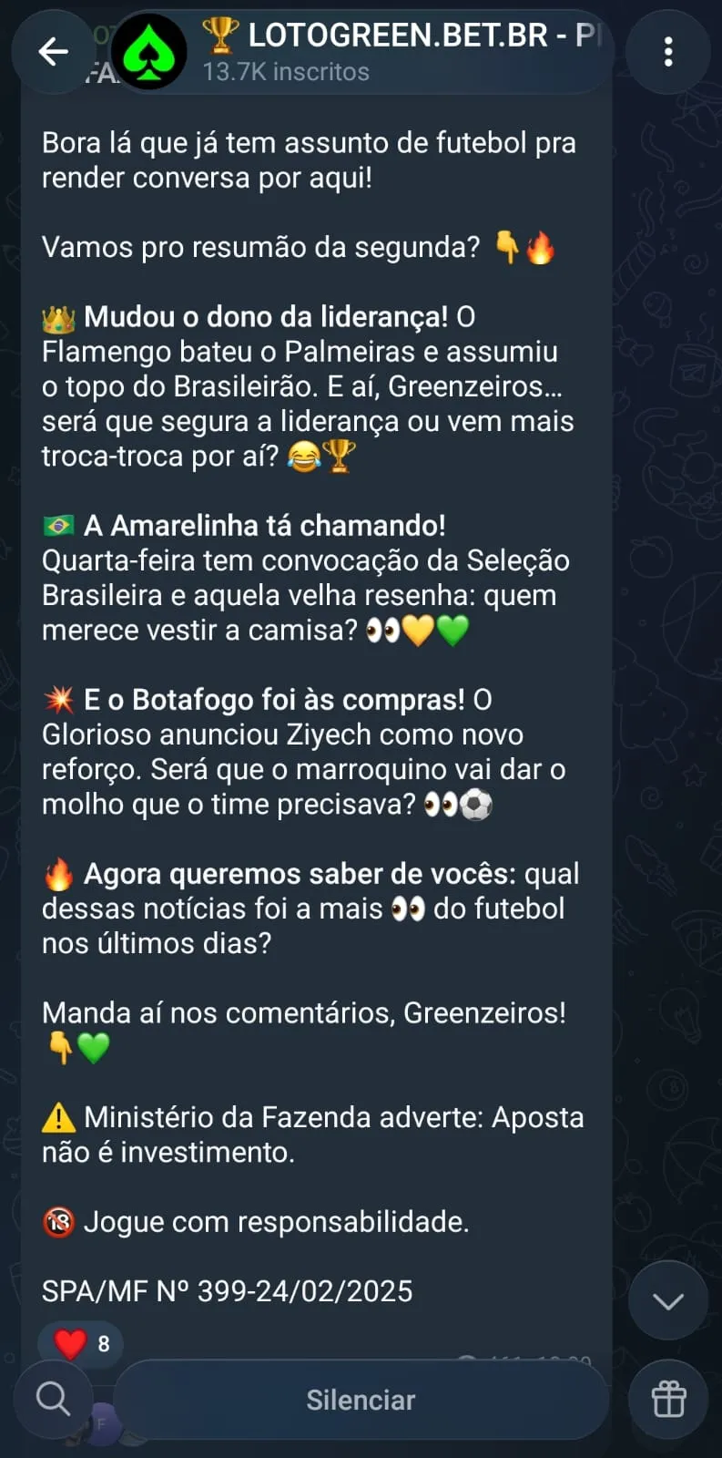 Captura de tela do canal da Lotogreen no Telegram com um resumão das principais notícias de futebol da rodada