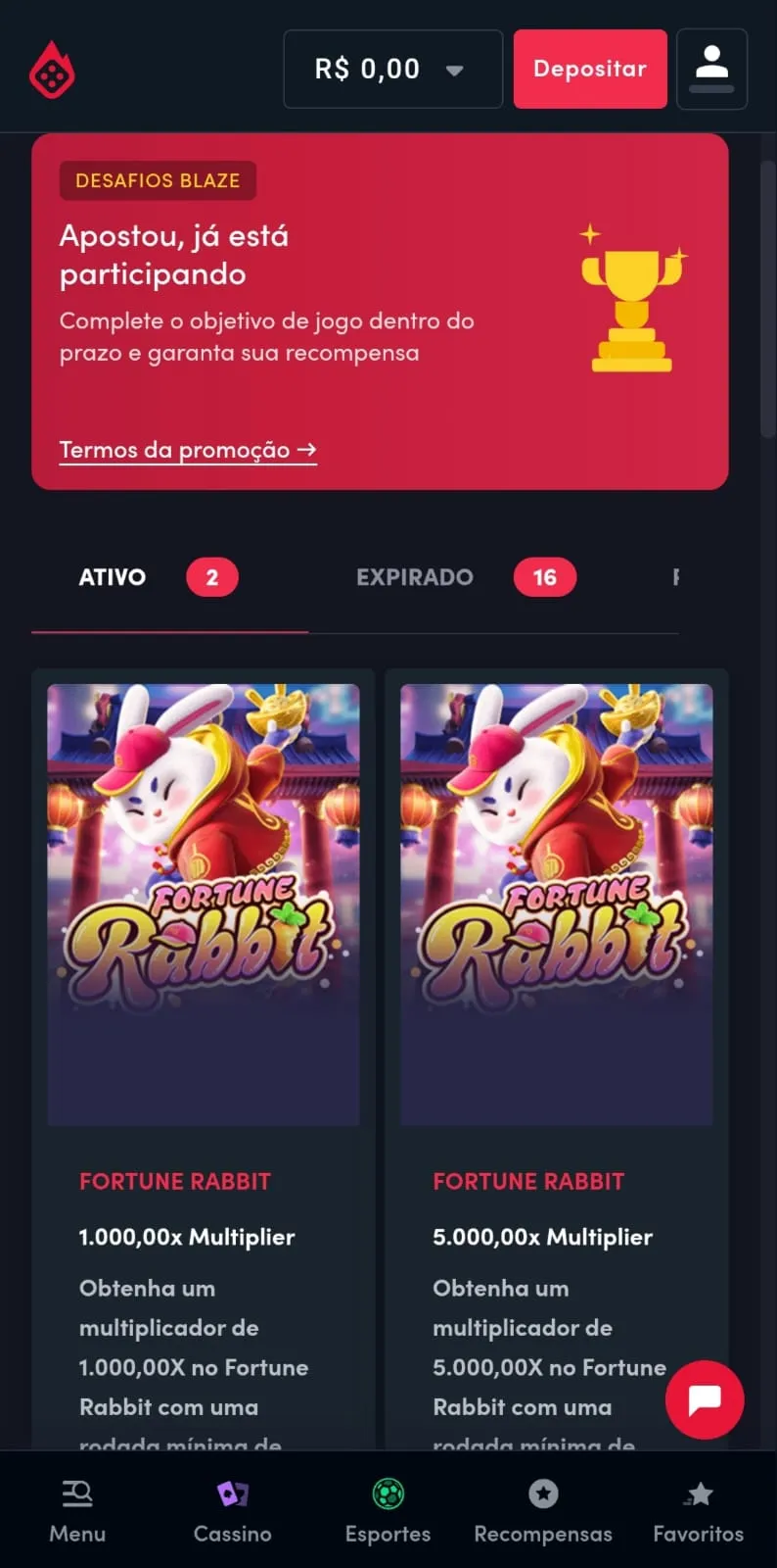 Print da página de Desafios Blaze com duas missões disponíveis para o Fortune Rabbit.