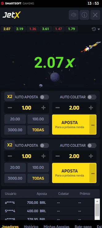 Crash game JetX com multiplicador a 2.07x e 2 botões de apostas com autocoletar configurado a 2.00
