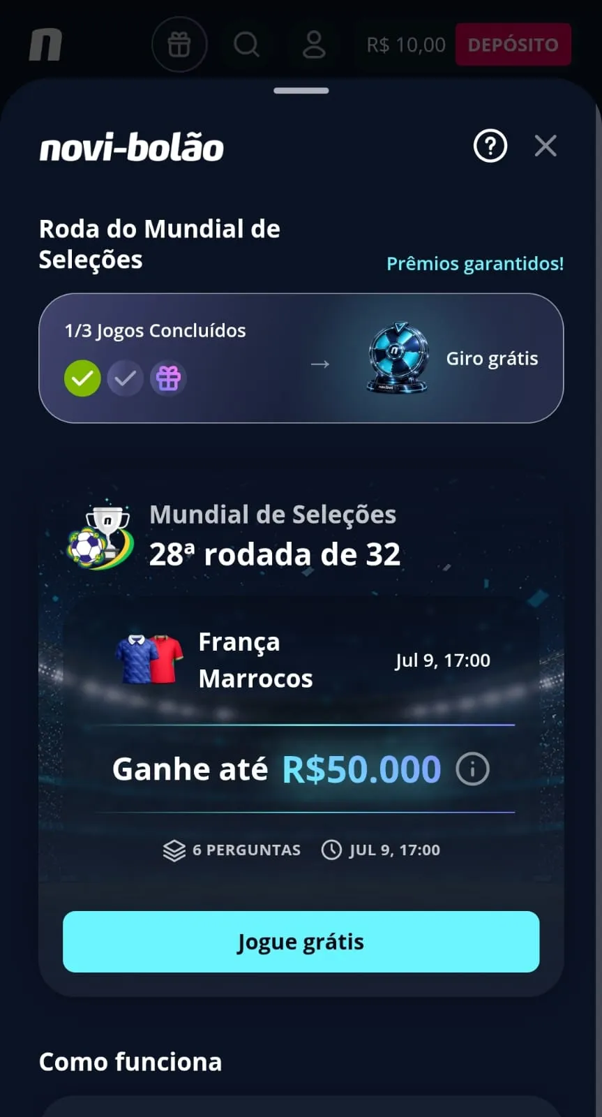 Tela mobile do Bolão da Novibet para o Mundial de Seleções 2026
Data: 09/07/2026