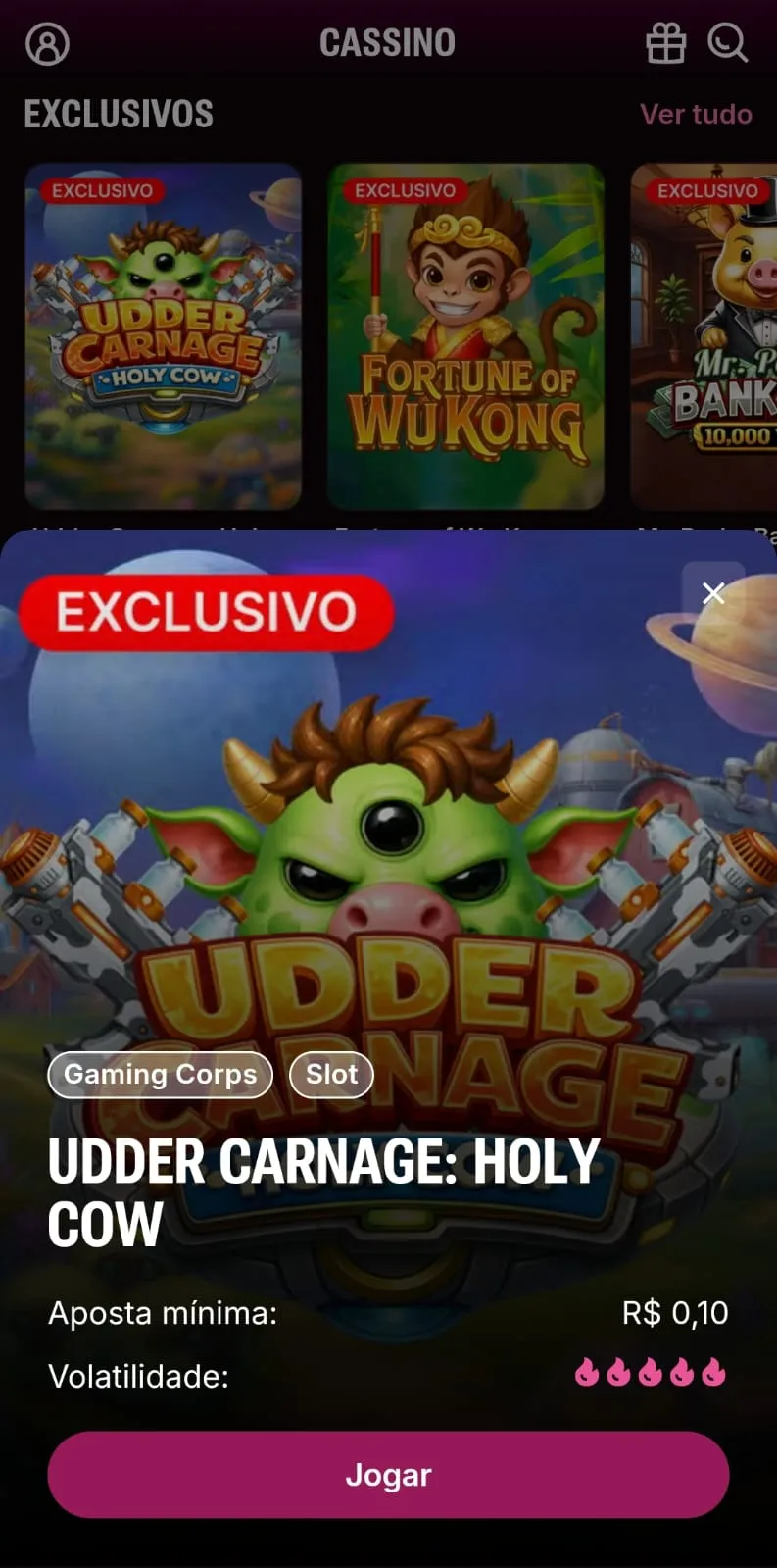 Cassino da Superbet com jogos exclusivos e o banner do slot "Udder Carnage: Holy Cow" mostrando o valor de aposta mínima 