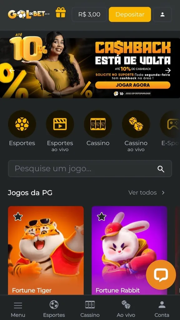 Plataforma Gol de Bet com seções de esportes, esportes ao vivo e cassino online.