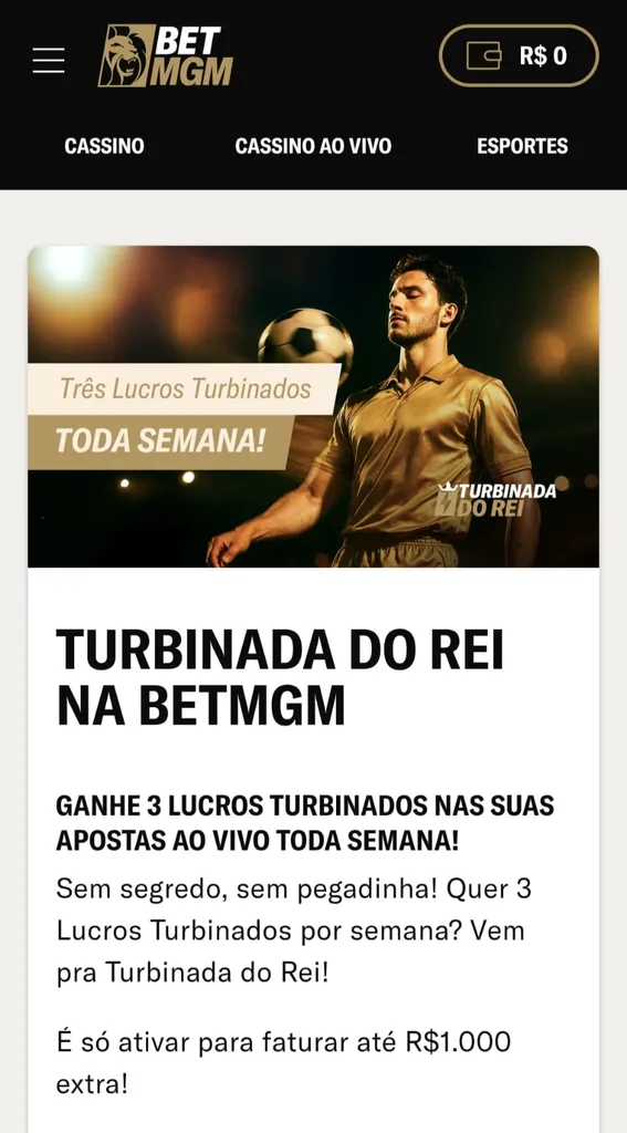 Oferta Turbinada do Rei na BetMGM com ganhos turbinados em 3 jogos por semana.