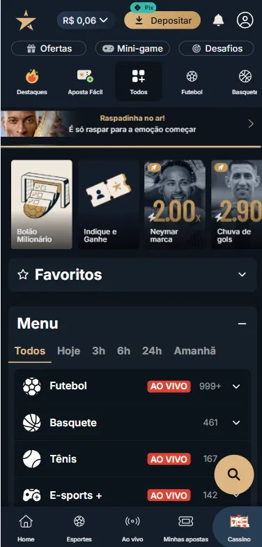 Menu de esportes na Estrela Bet com destaque para o Bolão Milionário