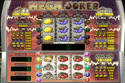 Slot Mega Joker, com tela simulando uma slot machine física e diferentes figuras nas linhas de pagamento