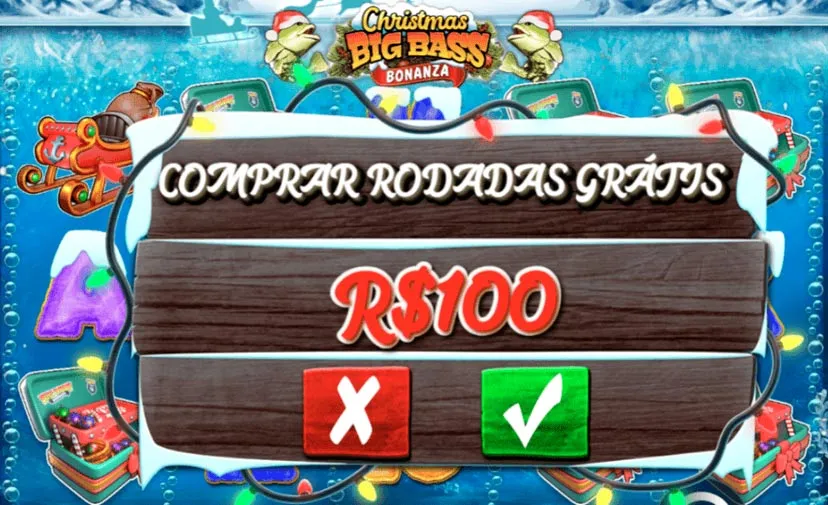 Opção de comprar rodadas grátis a R$ 100 no jogo Christmas Big Bass Bonanza