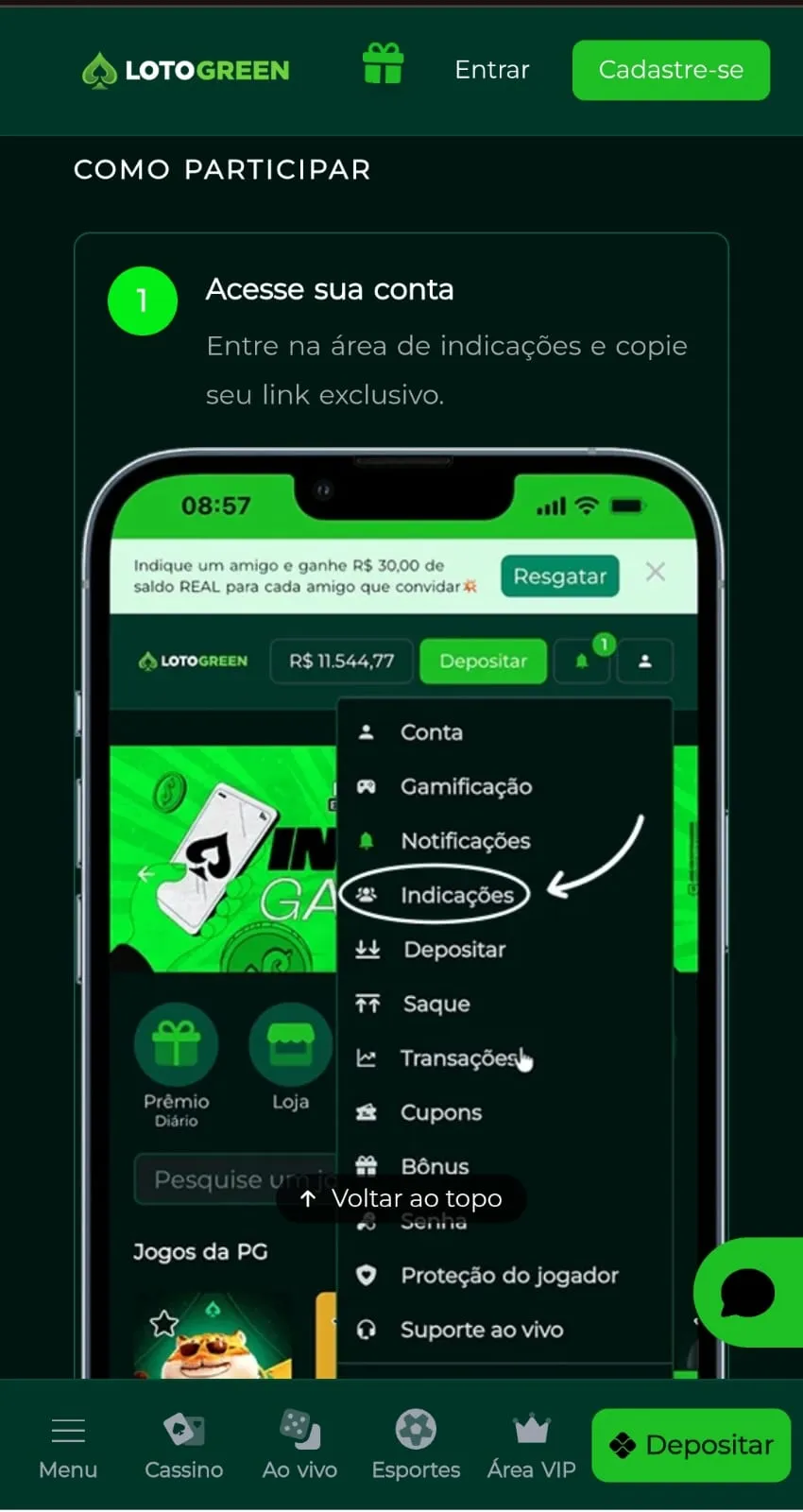 Print da página promocional do bônus de indicação da Lottogreen