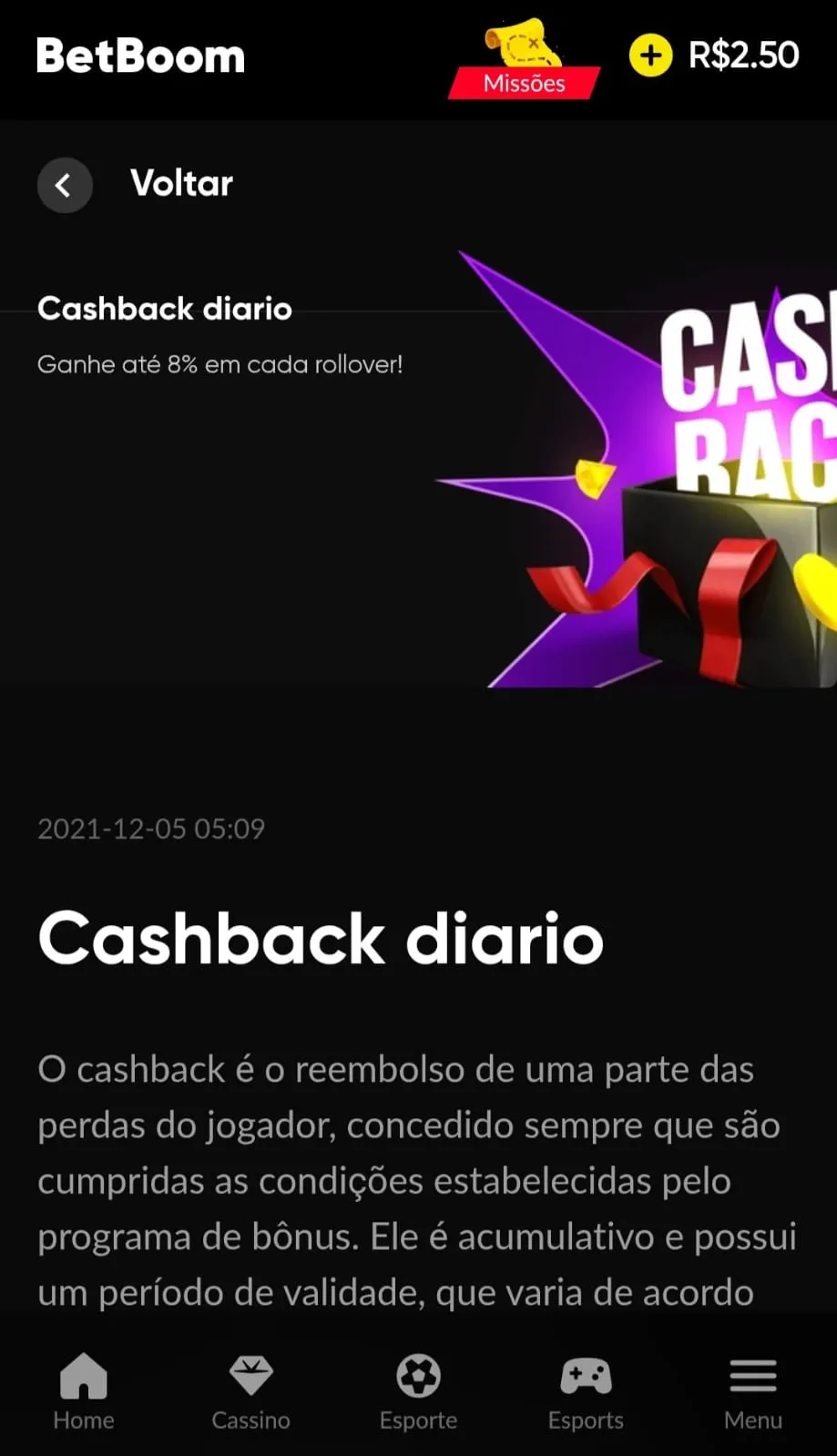 Cashback diário da Betboom com níveis de porcentagem conforme as atividades do usuário.
