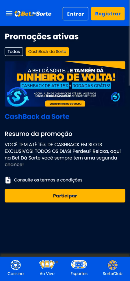 Promoção Cashback da Sorte da Bet dá Sorte, com cashback de 15% + rodadas grátis e resumo da oferta