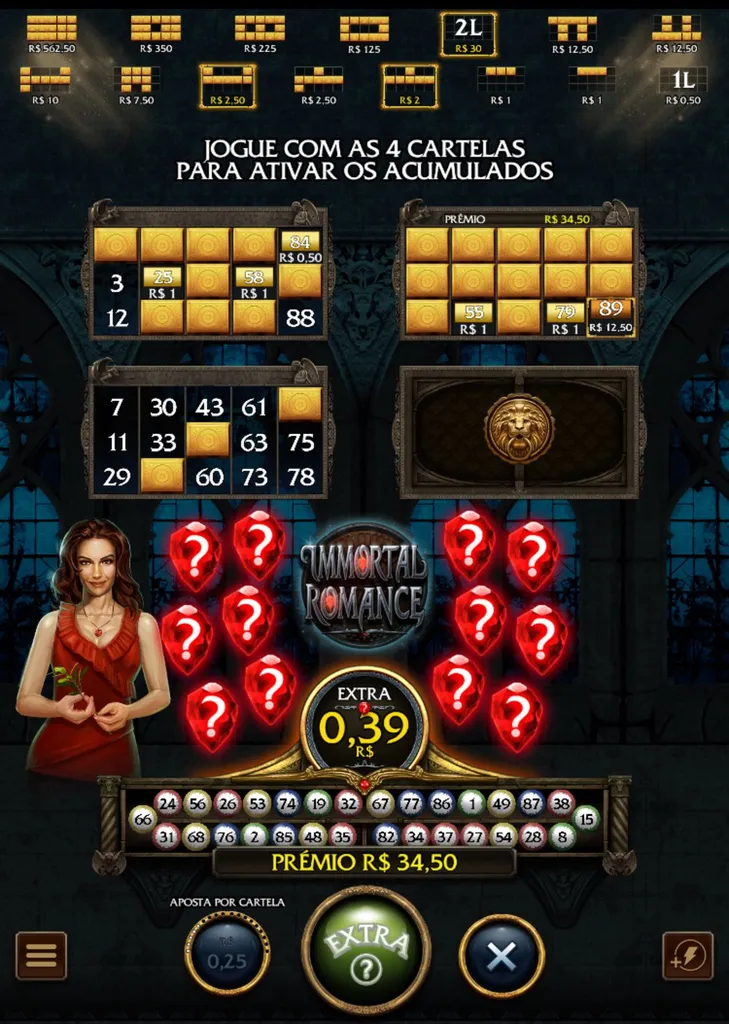 Jogo de bingo online com 3 cartelas, prêmio de R$ 34,50 e bola extra a R$ 0,39.