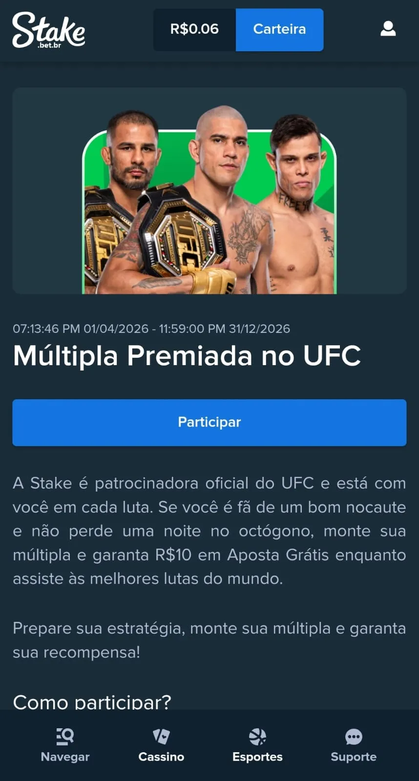Oferta de Múltipla Premiada da Stake com R$ 10 em aposta grátis. 