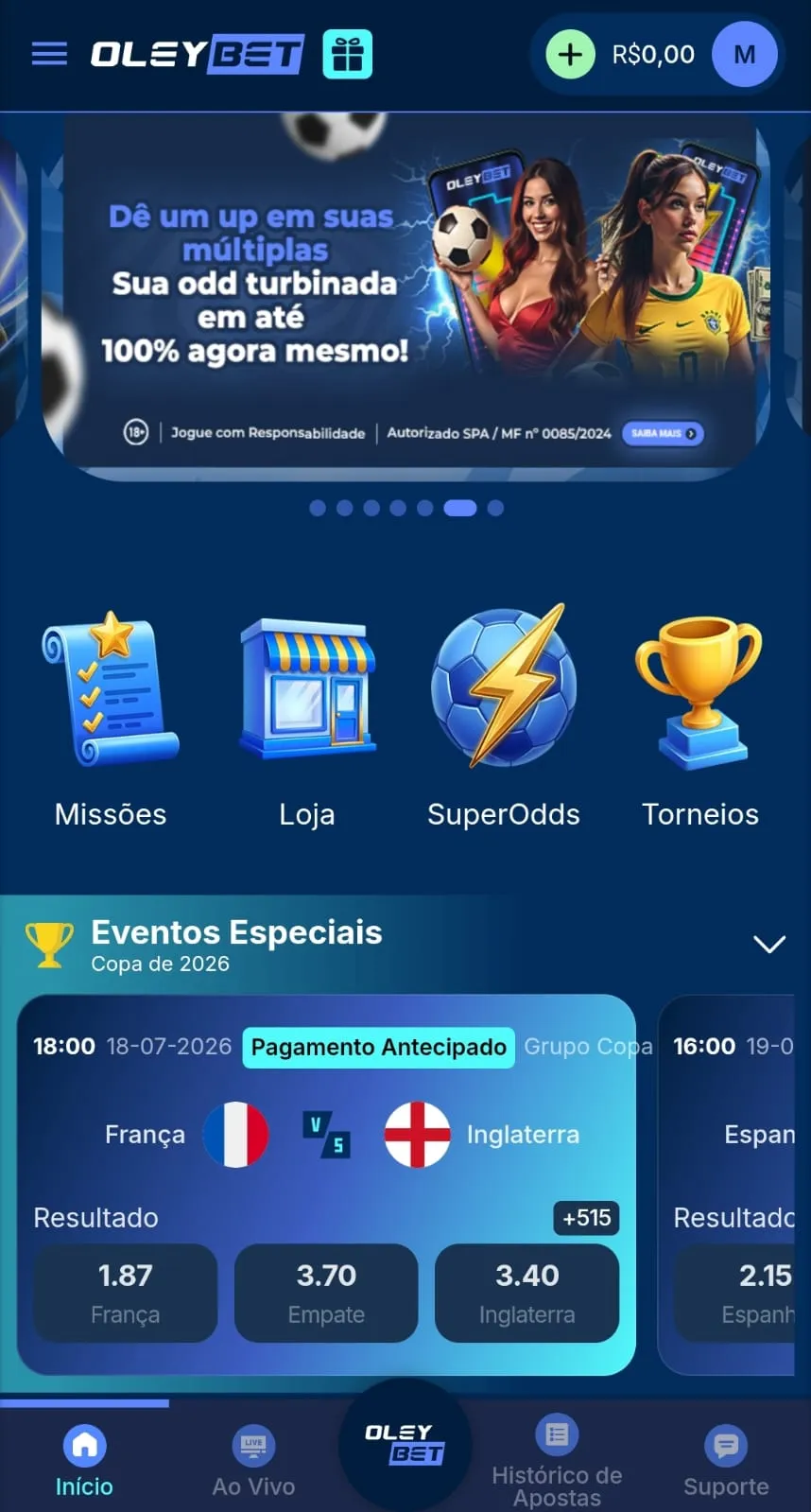 Página de apostas esportivas da Oleybet destacando o Bônus de Acumulador com até 100% de boost nas apostas múltiplas.