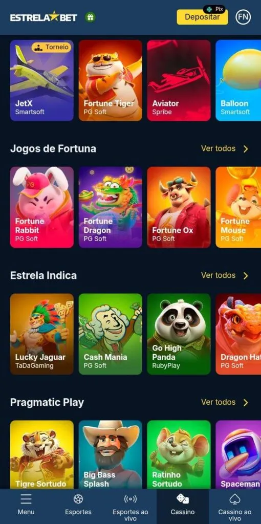 Seleção de jogos de Fortuna, Pragmatic Play e jogos indicados da EstrelaBet