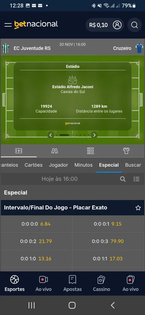 Mercado especial intervalo/final do jogo + placar exato no jogo Juventude x Cruzeiro pelo Brasileirão na Betnacional.