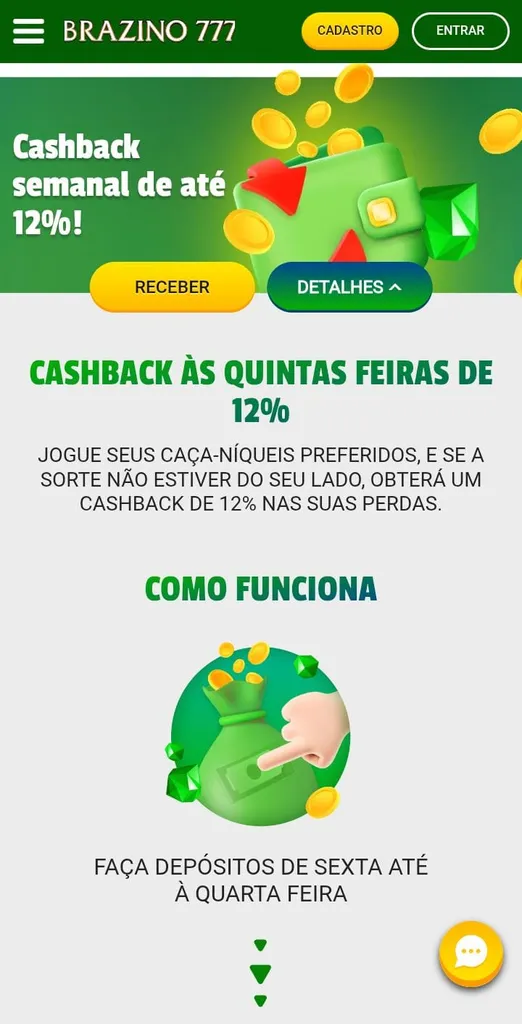 Promoção de cashback da Brazino777, com texto sobre como funciona o cashback às quintas-feiras de 12%