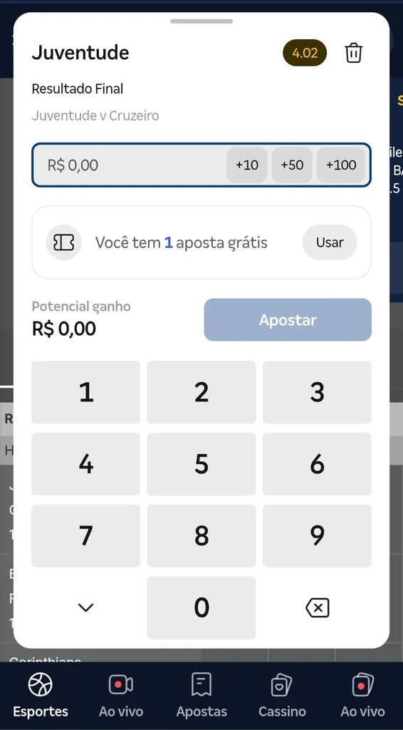 Aposta simples na Betnacional com mercado resultado final em Juventude x Cruzeiro com opção de usar bônus de aposta grátis.