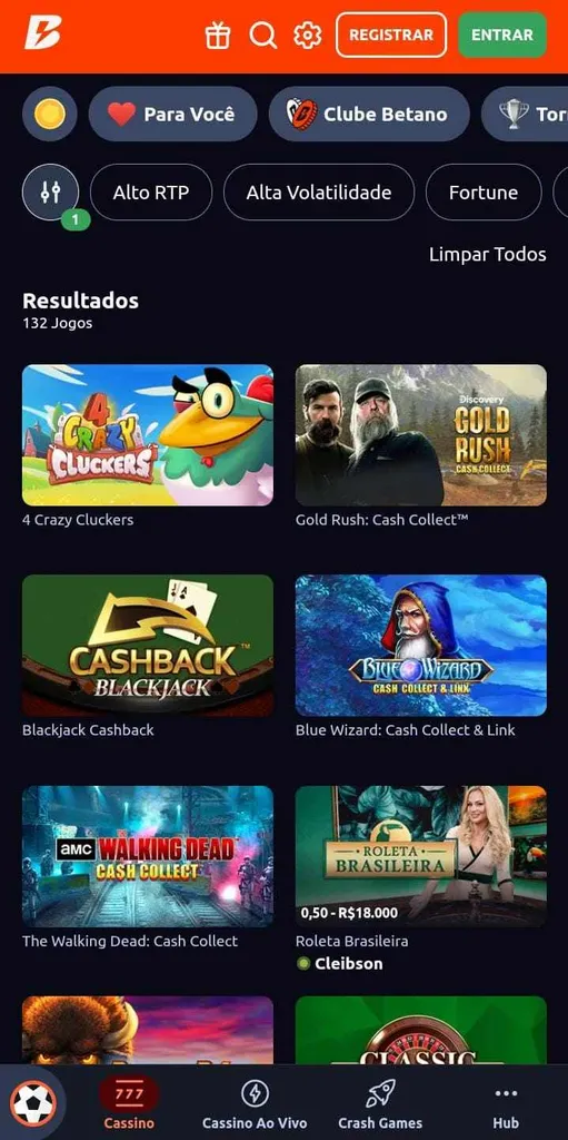 Cassino Playtech Betano com ícones de 6 jogos da provedora, incluindo Crazy Cluckers e Roleta Brasileira
