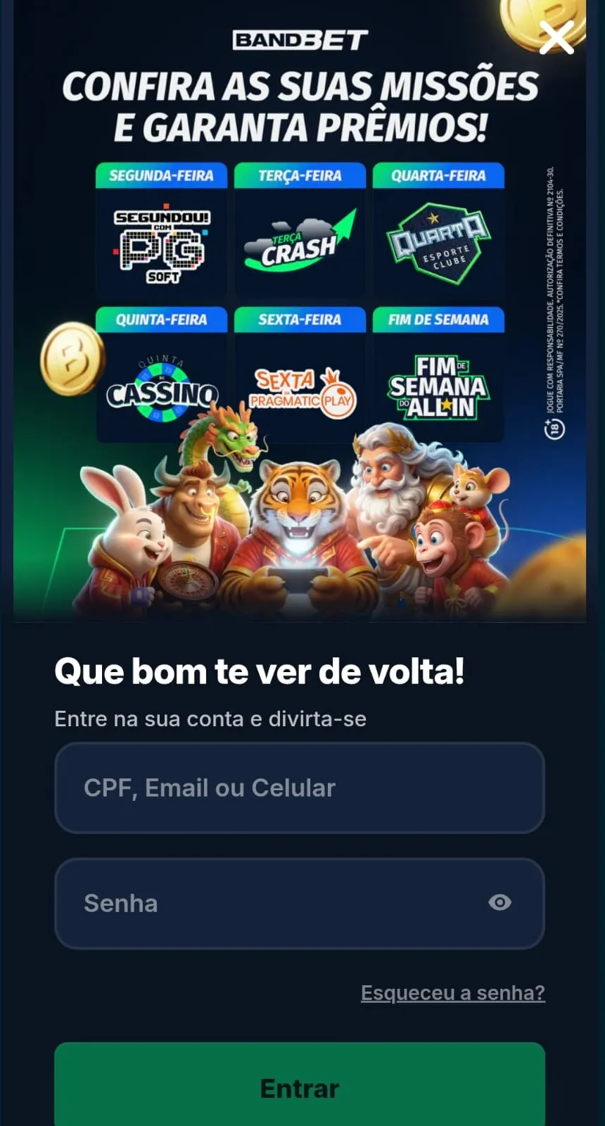 Formulário de login da Bandbet com destaque para as missões da semana.
