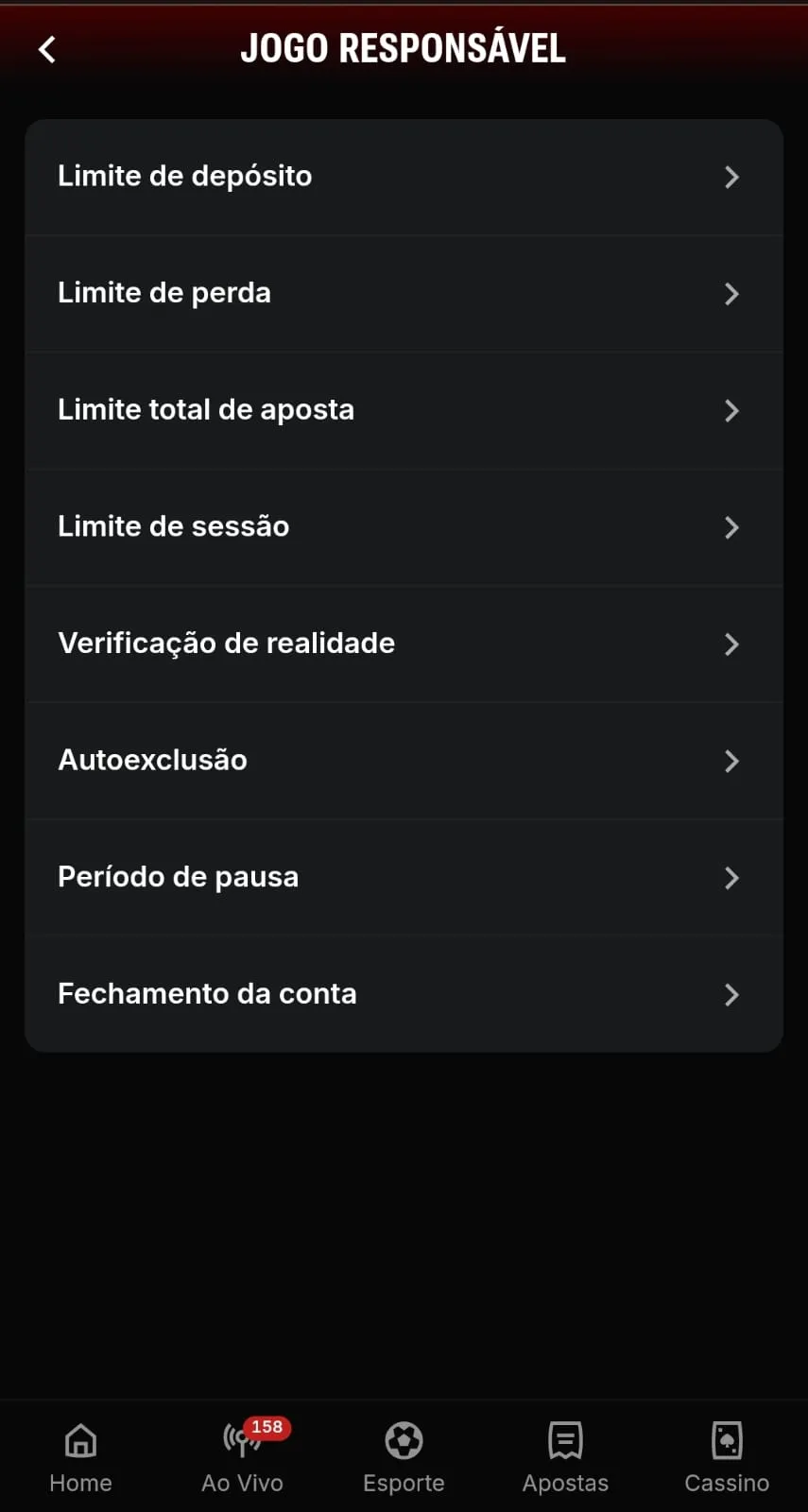 Menu de Jogo Responsável da Superbet com alternativas para configurar limites de aposta, verificação de realidade, autoexclusão e mais.