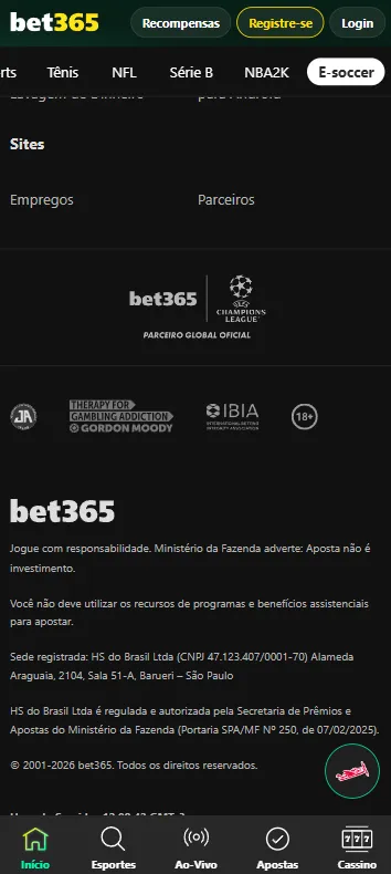 Rodapé da bet365 com parceria global da Champions League