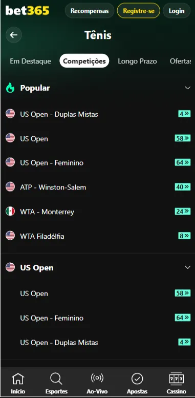 Torneios populares de tênis como US Open - Duplas Mistas, WTA Monterrey na bet365