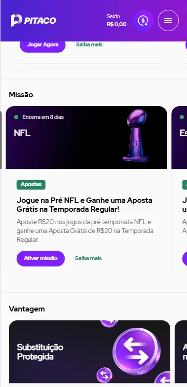 Missão NFL com R$20 em aposta extra na Pitaco