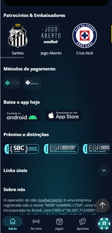 Rodapé da Novibet com parceiros oficiais, como Santos, Jogo Aberto e Cruz Azul