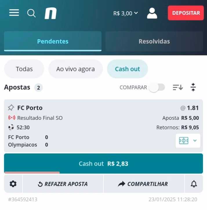 Captura de tela da Novibet com cash out em apostas