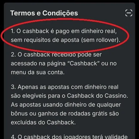 Texto dos 3 primeiros pontos dos Termos e Condições de uma oferta de cashback de cassino online